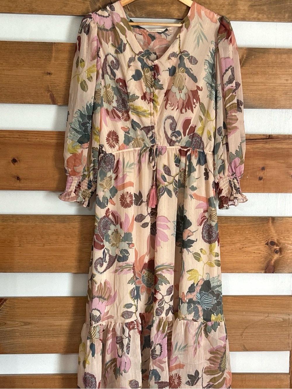 Soft Surrounding Women's Boho Sheer Sleeve V-Neck Floral Layered Maxi Size L